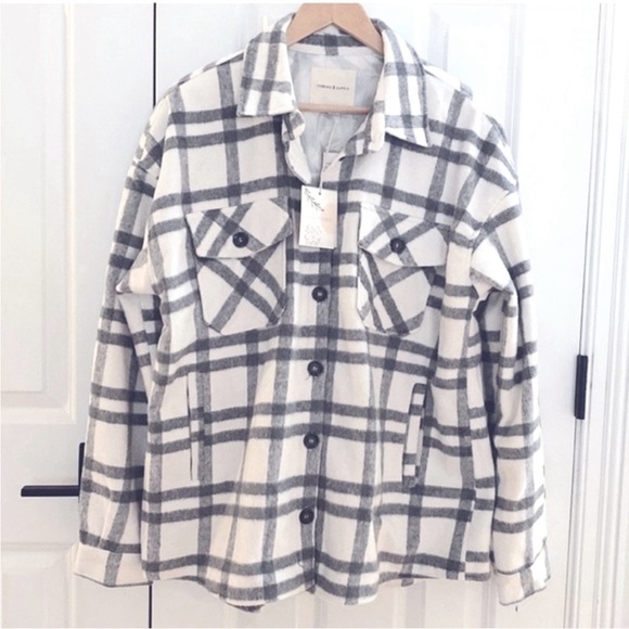 Lined Shacket w/Pockets Plaid Flannel Gray & White NWT by Thread & Supply - Picture 2 of 11